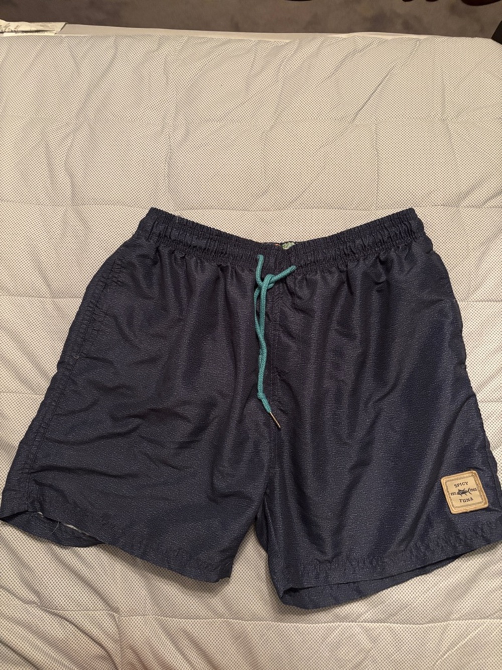 Spicy Tuna Navy Blue Men's Swim Shorts with Teal Drawstring